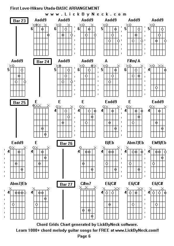 Chord Grids Chart of chord melody fingerstyle guitar song-First Love-Hikaru Utada-BASIC ARRANGEMENT,generated by LickByNeck software.